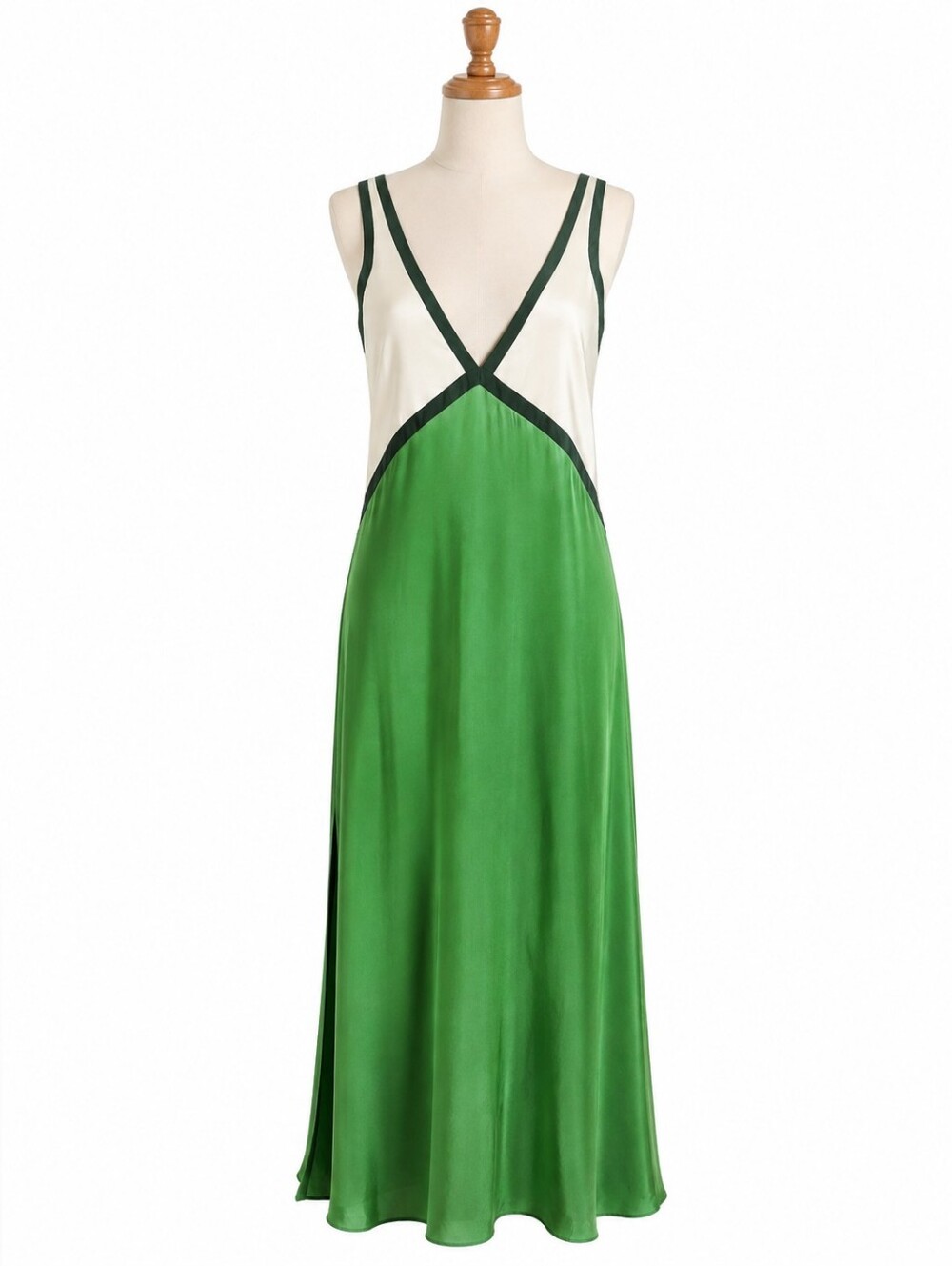 SANCIA Naomi Colorblock Maxi Dress Bottle Green Cream Ivory Satin V-Neck NWT S